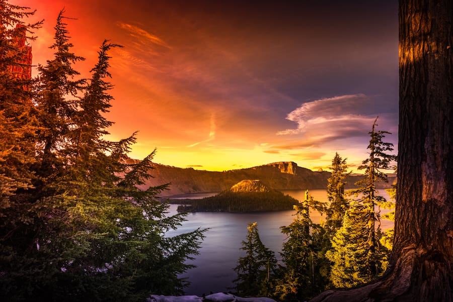 Crater Lake National Park Wizard Island and Watchman Peak Oregon at Sunset